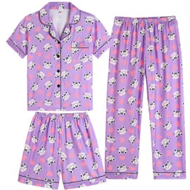 Vopmocld Girls Pajama Sets - 3pcs Button Down Short Sleeve Long Pants With Shorts Sleepwear Cute Patterns Nighty For Teens, Purple-Cats, 8