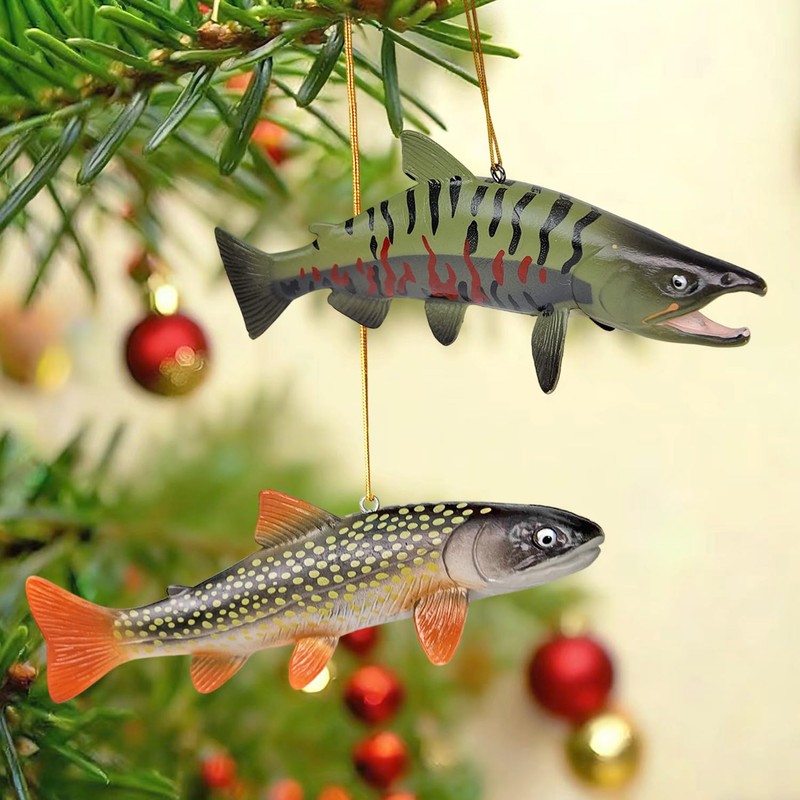 KOJIGIC 3D Brook Trout and Salmon Christmas Tree Ornament Set,