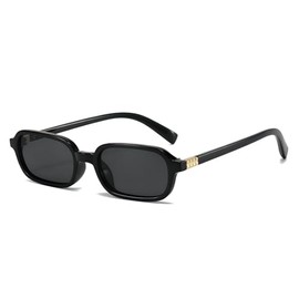 Retro Rectangular Sunglasses for Women Men Trendy Vintage 90s Small Narrow Square Sunnies (Black Frame - Black Lens)