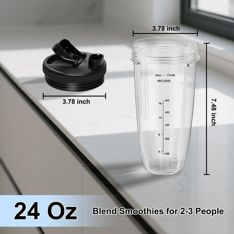 Replacement 24oz Blender Cups with Lid for Ninja, 7 Fins