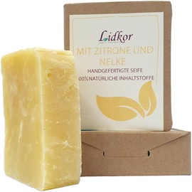 LIDKOR Pflegende Seife mit Zitronenöl & Nelkenöl 100g - Olivenöl Seife gegen Akne und Pickel - Bio Hautseife - Hautpflege mit Lavendelöl - Handgemachte Naturseife als Festes Duschgel - Vegan Handseife