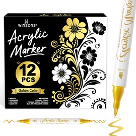 WINSONS Golden Acrylic Paint Pens, Colouring Pens, Marker Pens With Dual Tip Fine And Brush, Waterproof, Non-Toxic, Odorless, For Multiple Surfaces, 12 PCS
