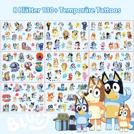 Temporäre Tattoos Kinder, 8 Blätter Blue Tattoo für Kinder, Cartoon Kindertattoos Deko Kindergeburtstag, Geburtstag Party Geschenk Kleine, Hautfreundliche Temporäre