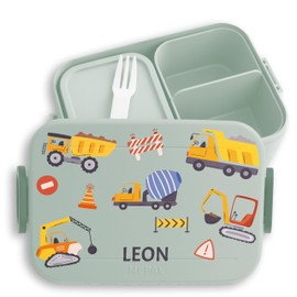 Children's Bento Box Midi for Mepal Bento Box - Bread Box Excavator with Name Lunch Box Construction Site Lunch Box Construction Site Vehicles I Dump Truck I Concrete Mixer - 900 ml - Sage Green