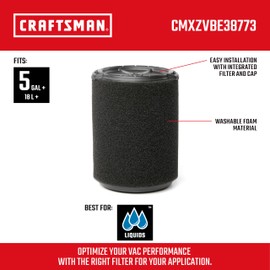 CRAFTSMAN CMXZVBE38773 Genuine Wet Application Wet Dry Vac Filter for Most 5 to 20 Gallon CRAFTSMAN Shop Vacuums, Easy Installation, Designed for High-Volume Liquid Pick-ups