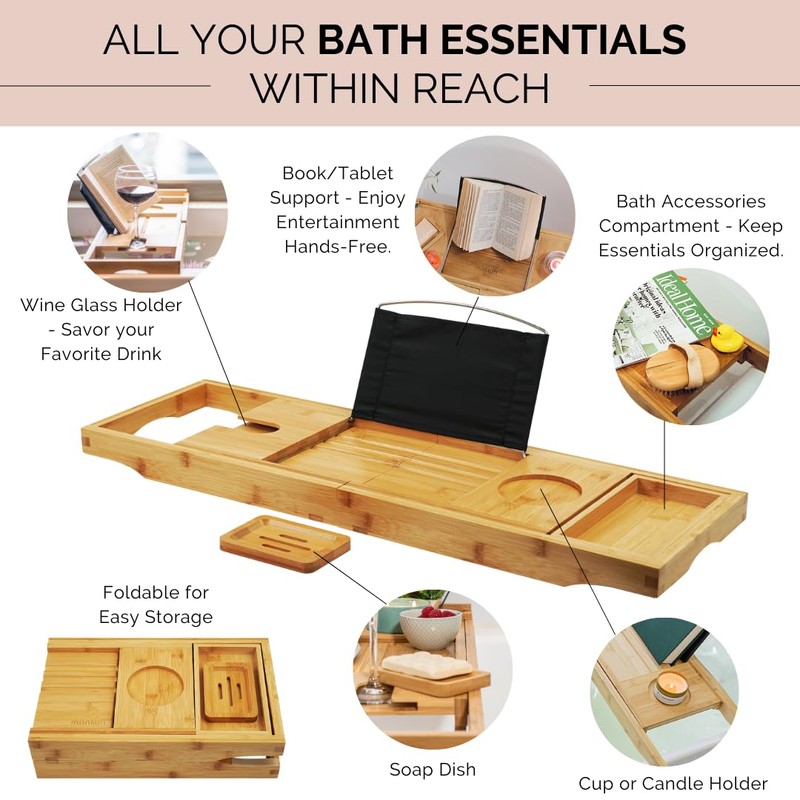 Foldable Bamboo Bathtub Tray Caddy - Expandable Bath Tray for