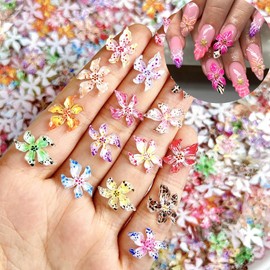 50Pcs Flower Nail Charms Mixed 3D Resin Nails Jewelry Gradient Colorful Design Jelly Lily Flowers Nail Rhinestones Hibiscus Floral Nails Gems for Women DIY Spring Summer Manicure Art Decorations