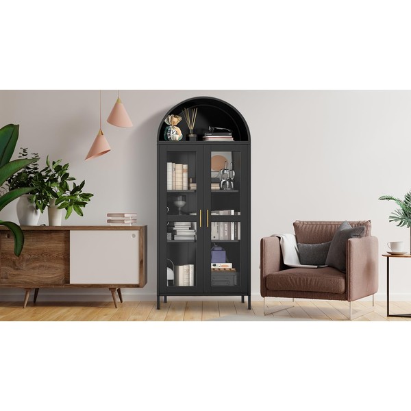 73" Arched Metal Storage Cabinet w/Glass Door | 2 Adjustable