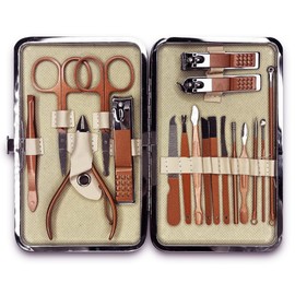 Hairprice 18 Piece Stainless Steel Beige and Brown 18 Piece Manicure Pedicure Set
