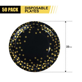 DHAIQC Pack of 50 Black Gold Paper Plates, 23 cm, Disposable Plates, Colourful Party Plates, Party Tableware Set for Birthday, Weddings, Anniversary, Picnic, Grills (Black Gold, 9 Inches)