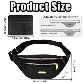 ZcrPrn Black Bumbag, 2 PCS Fanny Pack For Women Men, 2-Zipper Pockets Waist Bag With Black Card Holder, Adjustable Waterproof Large Capacity Belt Bag For Daily Use Sports Outdoor Running Travel