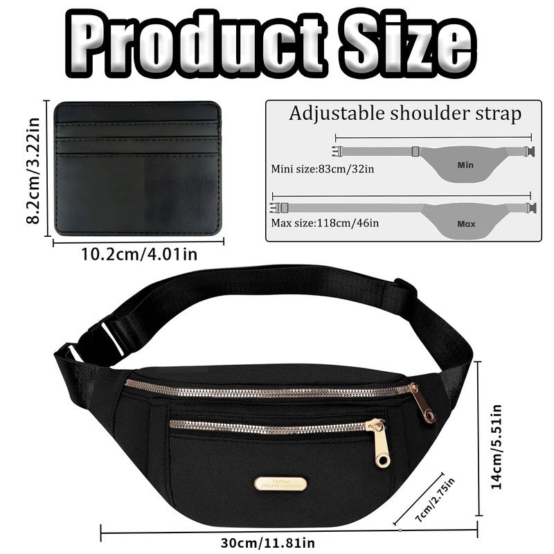 ZcrPrn Black Bumbag, 2 PCS Fanny Pack For Women Men,
