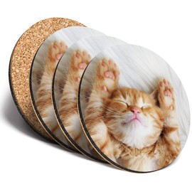 Destination Vinyl ltd Great Coasters (Set of 4) Round - Cute Sleeping Ginger Cat Kitten Drink Glossy Coasters/Tabletop Protection for Any Table Type #13113
