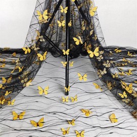 3D Vivid Butterflies Mesh Lace Fabric French Tulle lace for DIY Wedding Dress Costume Accessories Flower Girl Gown Dress Bridal Veil Home Decor (3 Yard, Black mesh+Yellow Butterflies)