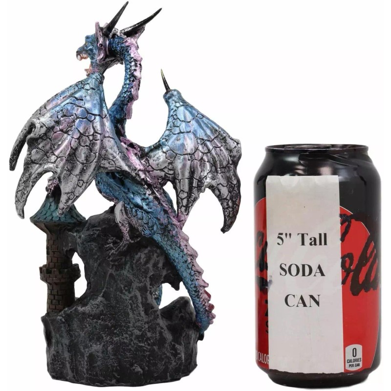 Metallic Blue Dragon On Cliff Rocks Castle With A Wyrmling