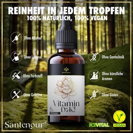 Vitamin D3 + K2 Tropfen - 50 ml - Vegan - (1700 Tropfen) - mit 25µg, 1000 I.E. Vitamin D3 & 20µg Vitamin K2 - Premium: K2VITAL® - Made in Germany