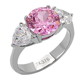 Yourjewellerybox Ladies pink ring sapphire three stone cz stainless steel anniversary 164 (L)