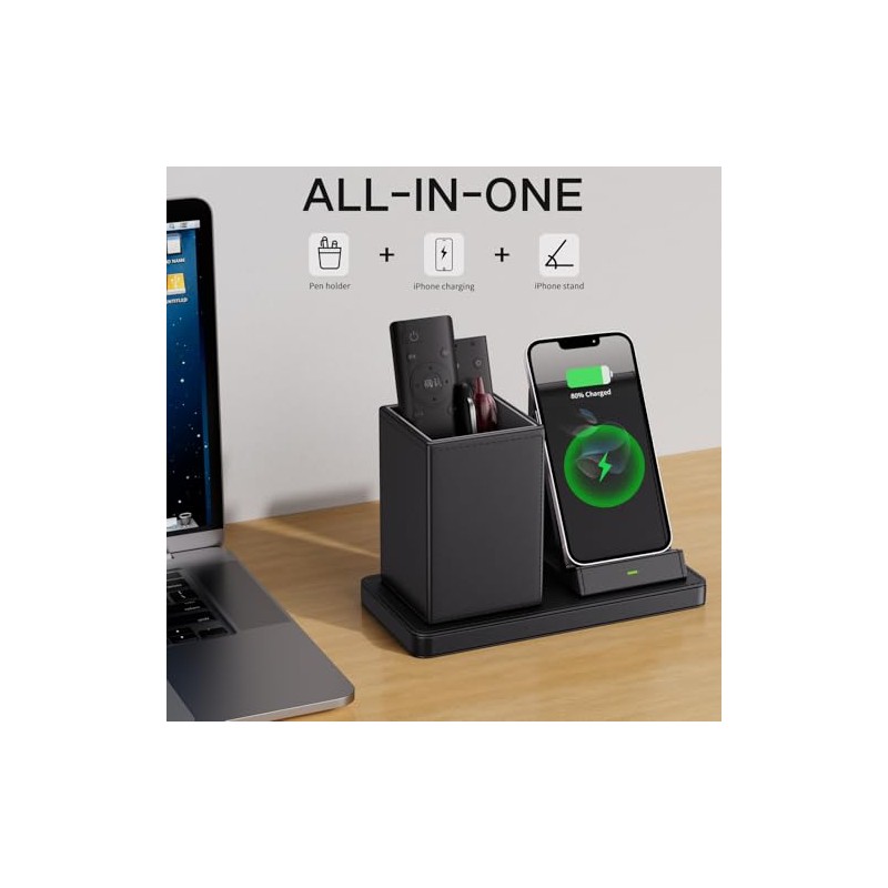 Multi-Functional Vegan Leather Desk Organizer with Wireless Charger
