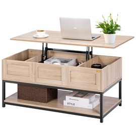 VIVOHOME Lift Top Coffee Table with Steel Frame, Dining Table with Open Storage and Hidden Compartment, Suitable for Living Room, Office, Small Apartment, Light Brown