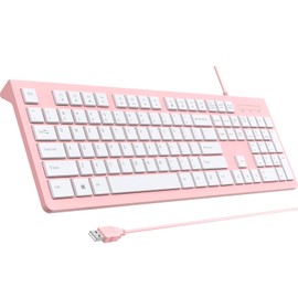 Computer Keyboard Wired, Plug Play USB Keyboard, Low Profile Chiclet Keys, Large Number Pad, Caps Indicators, Foldable Stands, Spill-Resistant, Anti-Wear Letters for Windows PC Laptop, Full Size, Pink