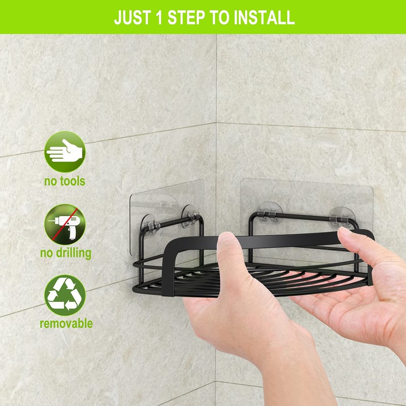 STEUGO Black Bathroom Corner Shower Shelfs, Adhesive Wall Mounted Shower