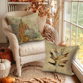 Benjia 20x20 Fall Throw Pillow Covers Set of 4, Watercolor Pumpkin Maple Leaves Decorative Holiday Pillow Case 50 x 50 cm Pillowcase for Indoor Home Bedroom Sofa Couch Decor