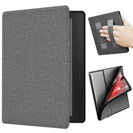 ERUNTO Case for 7 Inch Kindle Oasis 2/3, TPU Case with Fabric Texture and Double Hand Strap on the Back, Magnetic Case with Smart Wake/Sleep Function (Grey)
