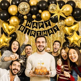 Birthday Princess Party Decorations for Men Women and Girls, Happy Birthday Banner with Foil Fringe Curtains, Confetti Balloons, Hanging Stars, Cupcake Toppers for Party Backdrop (Black Gold)