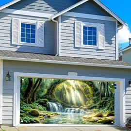 16X7Ft Green Forest Waterfall Garage Door Cover Banner Decoration Nature Scenery Tropical Jungle Backdrop Garage Outdoor Wall Cover Decorations Hanging Backdrop Holiday Party Decor Background Supplies