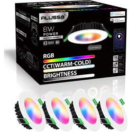 ALUSSO Smart Downlights Alexa, 8W IP44 Dimmable RGB Downlight Smart CCT 3000-5700K Bluetooth WiFi APP Control Compatible with Alexa Google Assistant Smart Life APP, 70-80mm Cutout 650LM 4 Pack