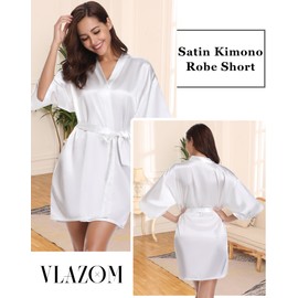 Vlazom Women's Kimono Robes Satin Short Style with Oblique V-Neck Robe (White, Medium)