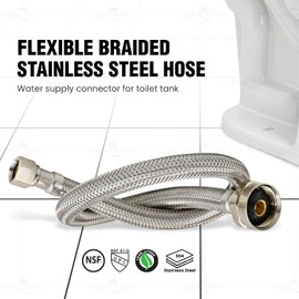 16 Inch Flexible Toilet Water Supply Line Braided Stainless Steel Toilet Hose Connector 3/8 Inch Compression x 7/8 Inch Ballcock Brass Nut