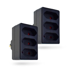 feletec 3-Way Socket Adaptor 3x Euro, Black, Pack of 2, Multiple Plug, Multiple Socket