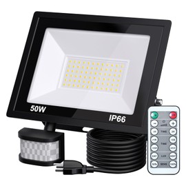 MIWAT 50W Plug in LED Motion Sensor Flood Light, PIR Induction Lamp, Dusk to Dawn Outdoor Auto ON/Off, IP66 Rainproof Work Light for Garage Yard Patio Porch Doorway Wall