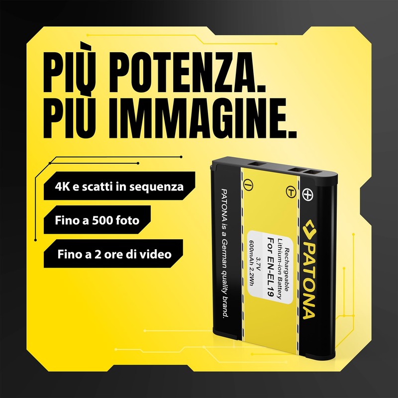 PATONA EN-EL19 Batteria 600mAh per Nikon Coolpix S100 W100 W150