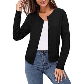 Totatuit Women's Cardigan Button Down Bolero Round-Neck Cropped Cardigan Long Sleeve Knit Cardigans Casual Shrugs Black