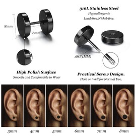 Sanfenly 6 Pairs Stainless Steel Black Stud Earrings for Men Women Faux Gauges Ear Tunnel Fake Gauge Earrings 3-8mm