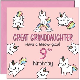 9th Great Granddaughter Birthday Card - Funny Cat Cute Birthday Card for 9 Year old Kids Nine, Ninth