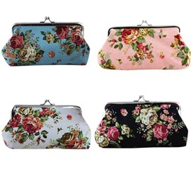 4Pcs Canvas Floral Rose Flower Coin Purse, Long Kiss Lock Wallet Vintage Large Flower Pattern Buckle Change Purse Women Wallet Clutch Purse