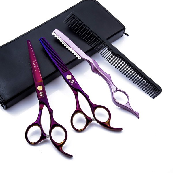 6.0 inch Purple Hair Cutting Scissors Set with Razor, Leather Scissors Case, Barber Hair Cutting Shears Hair Thinning/Texturizing Shears for Professional Hairdresser or Home Use