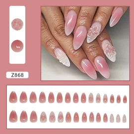 Cute Medium Short Almond Press on Nails 24Pcs False Fake Nails Simple with Pink Nude Swoosh Design French Tip Full Cover Thick Glossy Acrylic Glue on Nails Stick on Nails for Women Z868