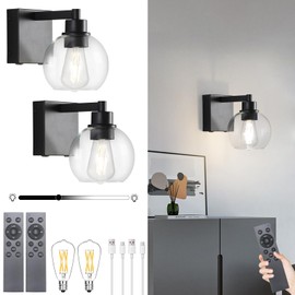HONGREN Black Battery Operated Wall Sconces Set of Two Modern Rechargeable Wall Sconces with Remote Control LED Dimmable Wall Lights for Living Room Bedroom Hallway (2 Pack)