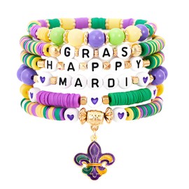 coadipress Mardi Gras Bracelets for Women Polymer Clay Heishi Bead Stretch Bracelet Mask Fleur De Lis Charm Bracelets Carnival Holiday Jewelry (Feather)