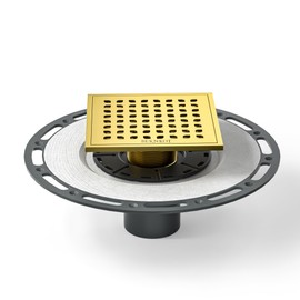 Bernkot Square Shower Drain 6" Polished Gold with PVC Bonding Flange Base 304 Stainless Steel Drain Grate Removable with Stainless Drain Key for Low Profile Shower Tiles
