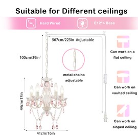 Alighting Plug in Chandeliers, 4-Light White & Pink Small Acrylic Crystal Hanging Ceiling Lamp with 20ft Cord, No Hardwire, White & Pink Chandeliers for Girls' Bedroom, Nursery or Playroom.