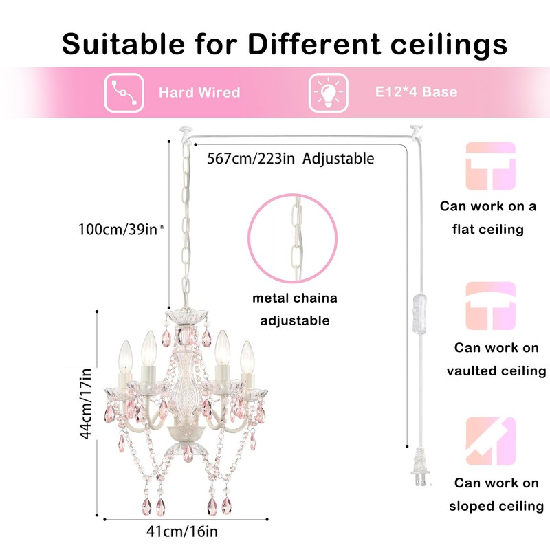 Alighting Plug in Chandeliers, 4-Light White & Pink Small Acrylic