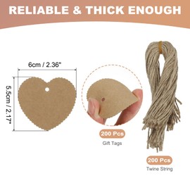 PATIKIL 200Pcs Brown Price Tags with Twine String Attached, 2.36 x 2.17 Inch Wavy Heart Paper Hang Label Tags Craft Gift Bags Tags for Wrapping Presents Wedding Favor