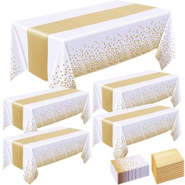 Incisite 8 Pack Tablecloths and Satin Table Runner,White and Gold Dot Tablecloth 54x108 In,Gold Satin Table Runner 11x108 In,Disposable Plastic Table Cloths for Parties Wedding Birthday Anniversary