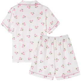 Vopmocld Big Girls Button Down Sleepwear Short Sleeve With Shorts 2PCS Pajama Sets Casual Lapel Loungewear Patterns Printed, 2PCS-PinkCherry, 10