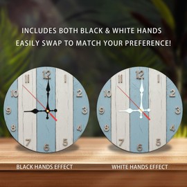 Lancholy Rustic Blue White Striped Wood Wall Clock 10-Inch Wooden Wall Clock, Silent Movement, Battery Operated (AA Batteries Not Included), Artistic Home Decor, Perfect for Home Accents